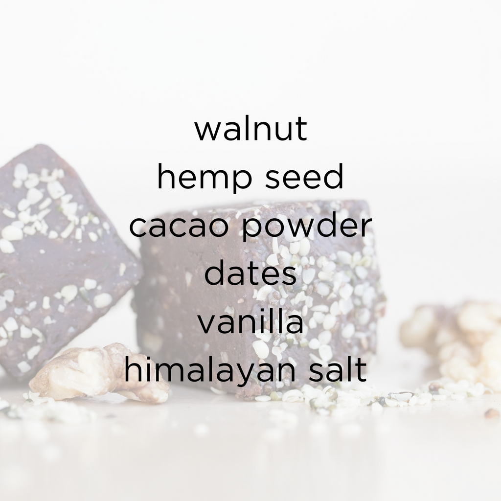 Pot Brownie Ingredients- walnuts, hemp seed, cacao powder, dates, vanilla, himalayan salt.  