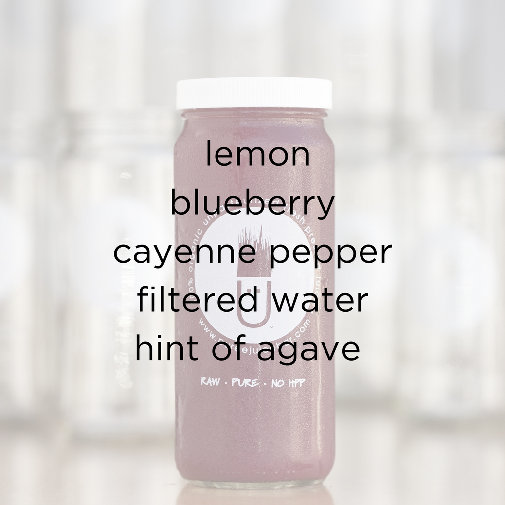 Blueberry Lemon-Aid Ingredients- lemon, ginger, cayenne pepper, filtered water and a hint of agave.  