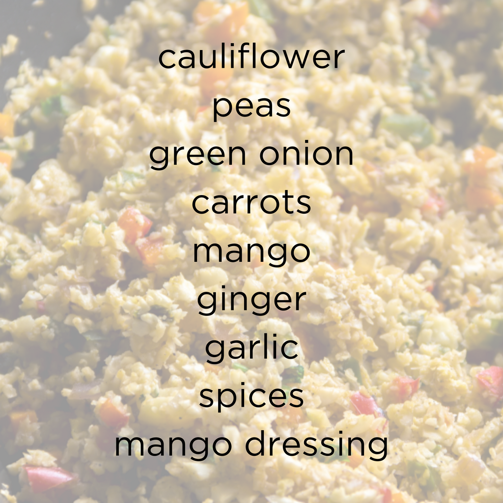 Curried Cauliflower Salad Ingredients- cauliflower, peas, green onion, carrots, mango, ginger, garlic, secret spices